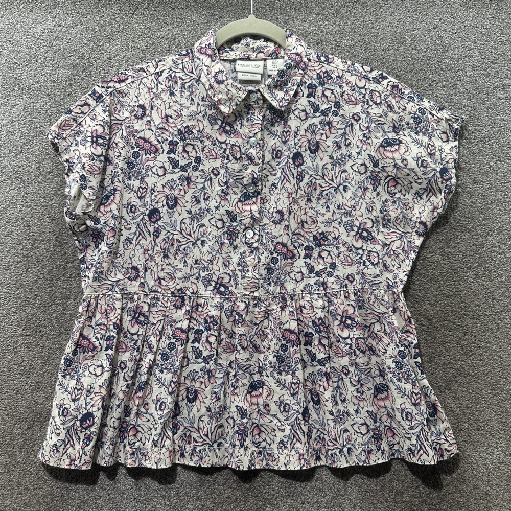 Rachel Zoe Blouse Top Womens Small Floral 100% Linen Peplum Button Up Summer